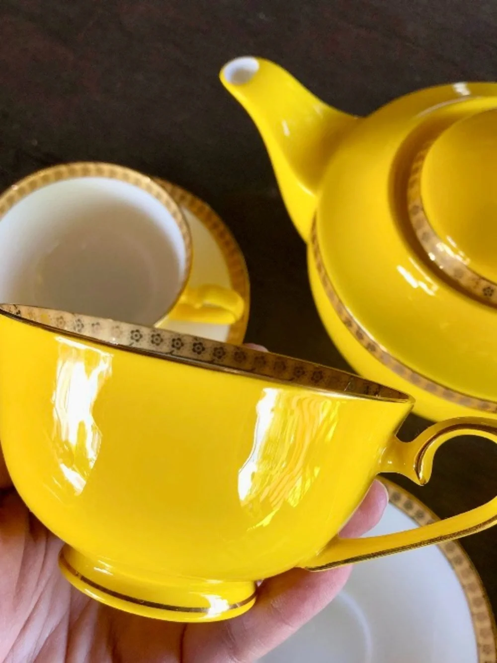 Rare Teavana Noble Poppy Yellow Bone China Tea Set 9 Pc 14k Gold